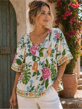 Floral Linen Boho Blouse Tassel Tie Top Cottagecore Coastal Resort Summer